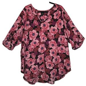Worthington Pink Black Floral Tunic Blouse Women's 3XL 3/4 Roll-Tab Sleeve Top